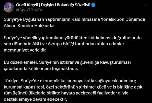 disisleri-sozcusu-keceliden-suriyeye-yaptirimlarin-kaldirilmasina-iliskin-paylasim