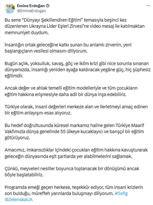 emine-erdogan-5-lider-esleri-zirvesine-video-mesaj-gonderdi