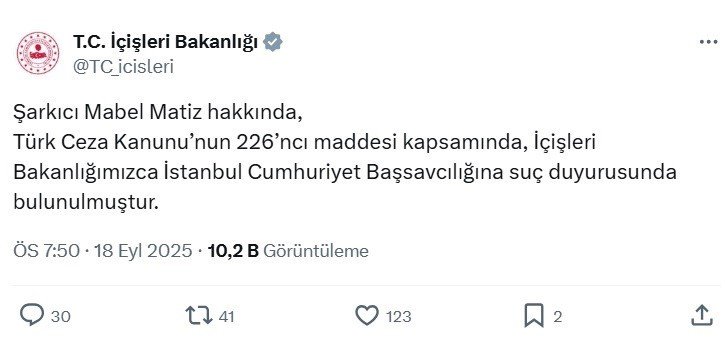 icisleri-bakanligi-sarkici-mabel-matiz-hakkinda-suc-duyurusunda-bulundu